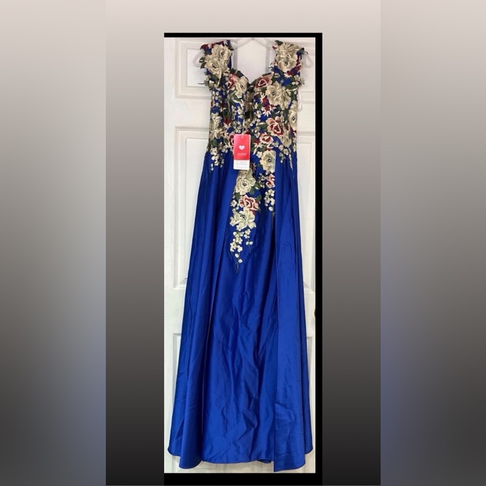 JJs House Royal Blue Prom Dress with Floral Embroidery